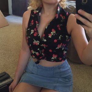 Cherry print button up crop top